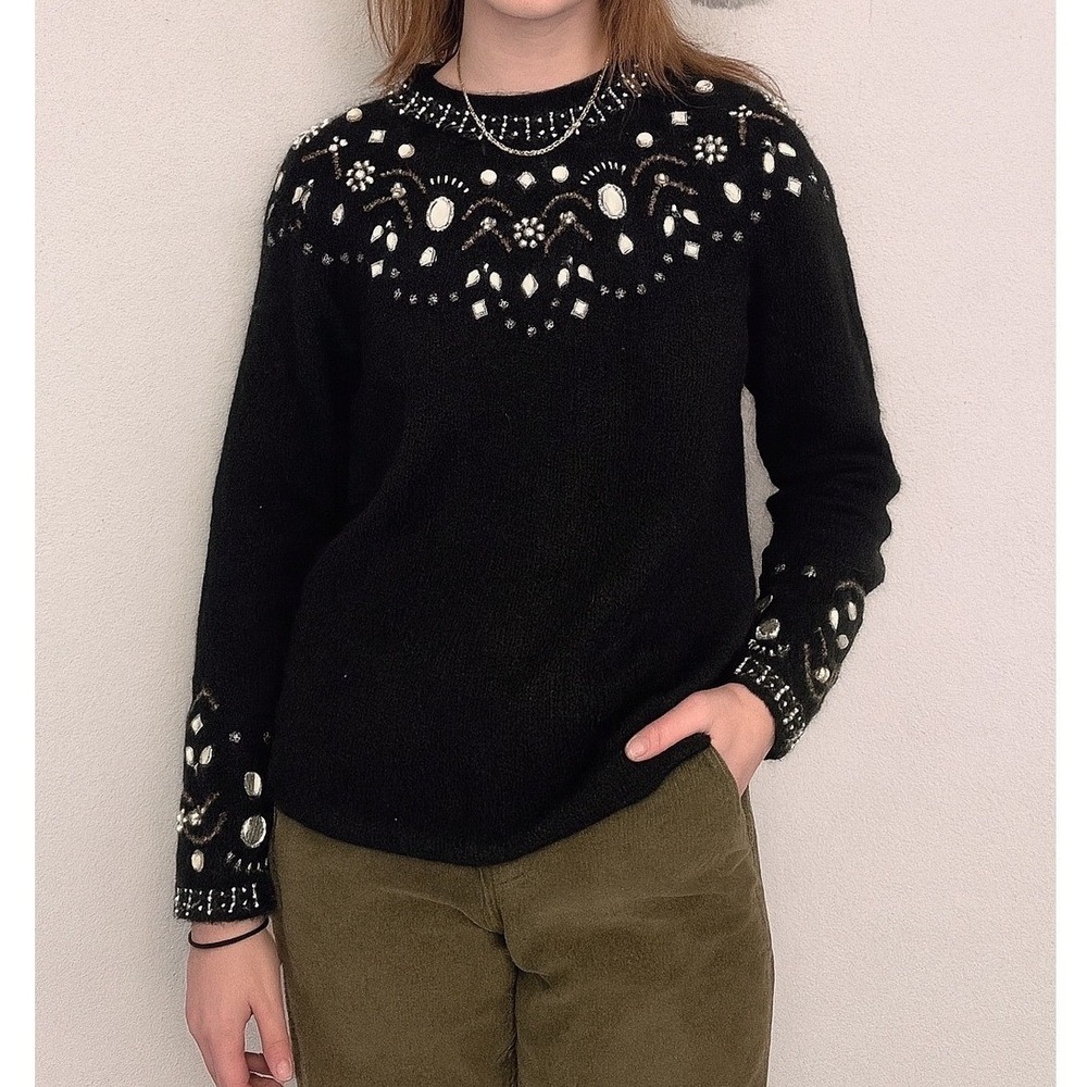 Vintage Women's Maggie Lawrence Black Beaded Embellished Mohair Blend Sweater- M
